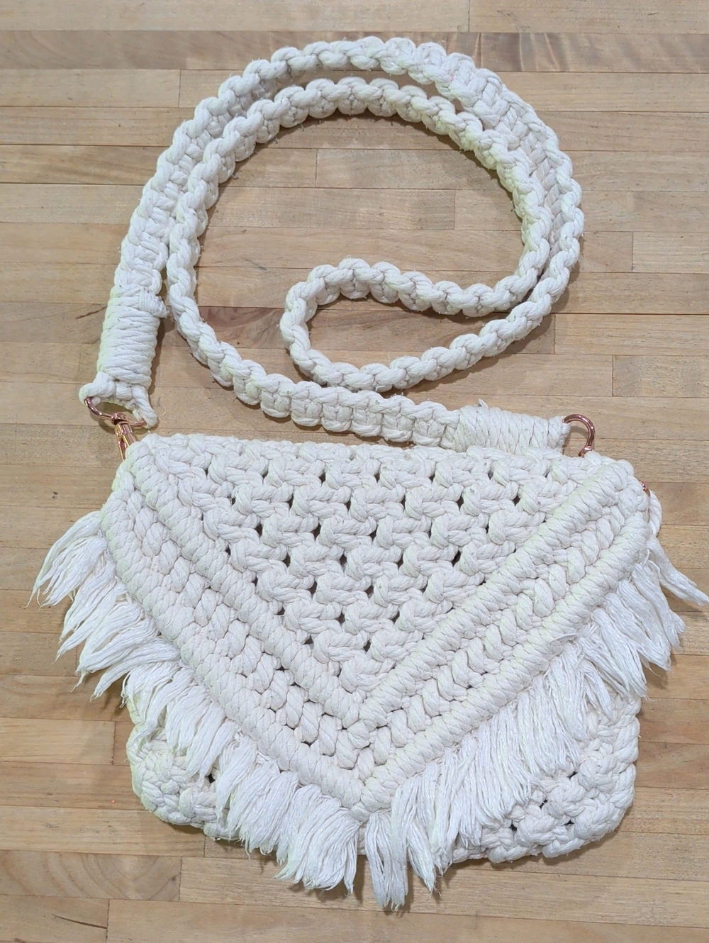 White Crochet Macramé Fringe Crossbody Bag